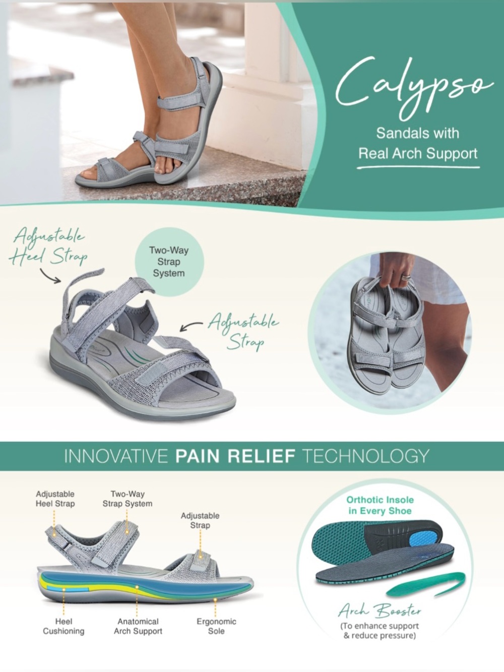 Orthofeet ‘Calypso’ Velcro Adjustable Orthopedic Sandals in Gray size 6.5 Wide